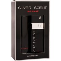 Jacques Bogart Silver Scent Intense gift set with black 100ml EDT bottle and 200ml body spray in a sleek black box.