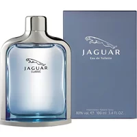 Jaguar Classic Eau De Toilette 100ml, sleek silver cap, transparent blue bottle, with branded box.