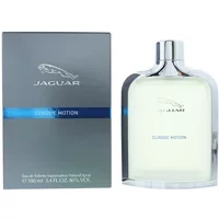 Jaguar Classic Motion Eau De Toilette 100ml, clear bottle with silver cap, next to gray box with blue accents.