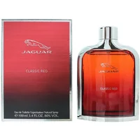 Jaguar Classic Red Eau De Toilette 100ml, red glass bottle with silver cap, next to matching red gradient box.