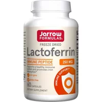 Jarrow Formulas Lactoferrin 250mg, white bottle with red label, 60 capsules, immune support text and orange shield icon.