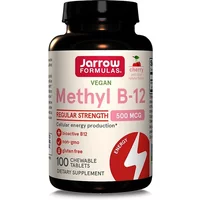 Jarrow Formulas Methyl B12 500mcg, black bottle with pink label, 100 vegan lozenges, cherry flavor, energy support.