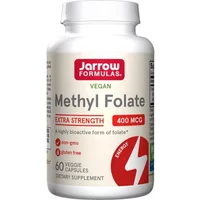 Jarrow Formulas Methyl Folate 400mcg, white bottle with red label, 60 vegan capsules, non-GMO, gluten-free.