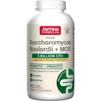 Jarrow Formulas Saccharomyces Boulardii + MOS, white bottle, red label, 90 vegan capsules, probiotic supplement.