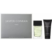 Jasper Conran Man gift set with 100ml clear EDT bottle and 100ml black shower gel tube in sleek packaging.