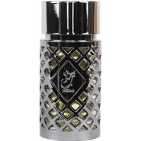 Silver cylindrical Jazzab EDP bottle with lattice design and black label by Ard Al Zaafaran.