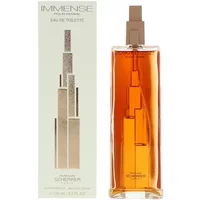 Tall rectangular bottle of Jean-Louis Scherrer Immense Pour Femme Eau De Toilette, amber liquid, gold cap.