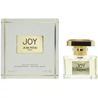Jean Patou Joy Eau De Toilette 30ml, clear square bottle with gold cap, next to matching white and gold box.