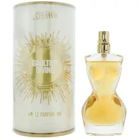 Gold and clear curvy bottle of Jean Paul Gaultier Divine Le Parfum Intense with matching cylindrical box.