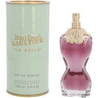 La Belle Eau de Parfum 100ml by J.P. Gaultier; torso-shaped pink bottle with gold floral cap, mint green box.