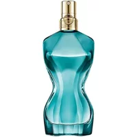 Teal torso-shaped bottle of Jean Paul Gaultier La Belle Paradise Garden Eau De Parfum with gold cap, 30ml.