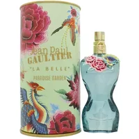 Jean Paul Gaultier La Belle Paradise Garden perfume, blue torso-shaped bottle with floral accents, gold cap, floral box.