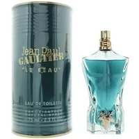 Blue torso-shaped bottle of Jean Paul Gaultier Le Beau Eau De Toilette, 75ml, with gold cap and matching cylindrical box.