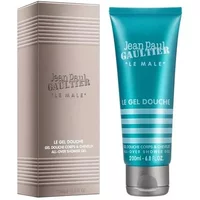 Teal tube of Jean Paul Gaultier Le Male shower gel, 200ml, with silver cap, next to matching beige box.