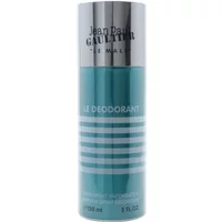 Blue Jean Paul Gaultier Le Male deodorant spray, 150ml, with silver cap and white horizontal stripes.