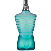 Blue torso-shaped bottle of Jean Paul Gaultier Le Male Eau De Toilette with silver stripes and spray nozzle.
