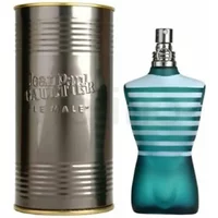 75ml Jean Paul Gaultier Le Male Eau De Toilette, torso-shaped teal bottle with silver stripes, next to metallic canister.