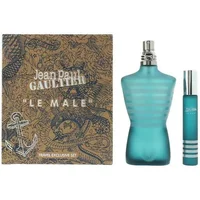 Jean Paul Gaultier Le Male gift set with turquoise torso-shaped bottle and matching travel spray.