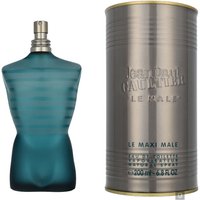 Blue torso-shaped bottle of Jean Paul Gaultier Le Male Eau de Toilette with silver cylindrical case.