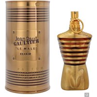 Gold-striped torso-shaped bottle with matching cylindrical tin, Jean Paul Gaultier Le Male Elixir Eau de Parfum 125ml.