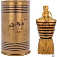 Gold-striped torso-shaped bottle with matching cylindrical tin, Jean Paul Gaultier Le Male Elixir Eau de Parfum 75ml.