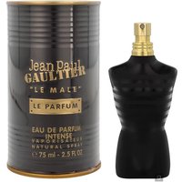 Black torso-shaped bottle with gold cap beside matching cylindrical box labeled "Jean Paul Gaultier Le Male Le Parfum."