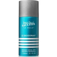 Turquoise Jean Paul Gaultier Le Male deodorant spray, 150ml, with white text and horizontal stripes on can.
