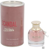 Jean Paul Gaultier Scandal Eau de Parfum 30ml, pink bottle with gold cap, next to matching cylindrical box.