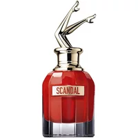 Red Jean Paul Gaultier Scandal Le Parfum bottle with gold cap shaped like legs, 50ml size.