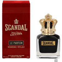 Black and gold Jean Paul Gaultier Scandal Le Parfum bottle with crown-shaped cap, next to red box.