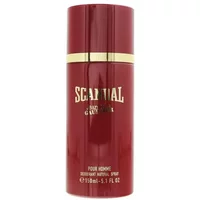Red cylindrical Jean Paul Gaultier Scandal Pour Homme deodorant spray with gold accents, 150ml.