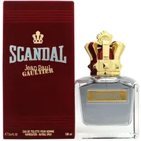 Red box and clear glass bottle with gold crown cap, labeled "Scandal Pour Homme" by Jean Paul Gaultier, 100ml.