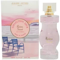 Jeanne Arthes Riviera Sunset Eau De Parfum 100ml, pink bottle with gold cap, box with sunset and chairs design.
