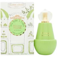 Jeanne Arthes Macaron Amande Eau De Parfum 100ml, green bottle with macaron shape, gold cap, box with Parisian design.
