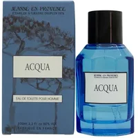 Blue Jeanne en Provence Acqua Eau De Toilette bottle with black cap, next to matching blue floral box.