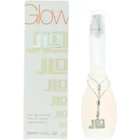 Jennifer Lopez Glow Eau De Toilette 30ml, frosted bottle with silver necklace, next to branded box.