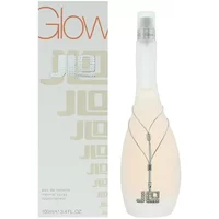 Frosted glass bottle of Jennifer Lopez J'Lo Glow Eau De Toilette 100ml with silver cap and JLo pendant necklace.
