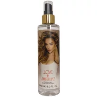 Clear bottle of Jlove by Jennifer Lopez body mist, 240ml, with gold cap and label featuring a woman with long hair.