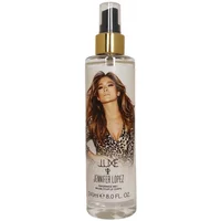 Clear bottle of Jennifer Lopez Jluxe body mist, 240ml, with gold cap and image of woman in leopard print.