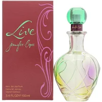 "Jennifer Lopez Live Eau De Parfum 100ml with iridescent bottle and green cap, next to purple box with swirls"
