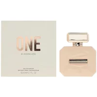 Beige square perfume bottle with metallic cap, next to a matching box labeled "ONE" by Jennifer Lopez, 50ml.