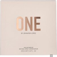 Beige box with metallic rose gold "ONE" text, Jennifer Lopez Eau de Parfum Spray, 100 ml.
