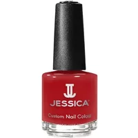 Red Jessica nail polish bottle with black cap, labeled "Custom Nail Colour" and "Cabana Bay Lava Flow."