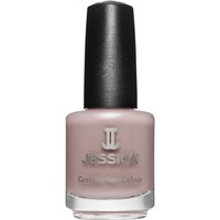 Jessica Custom Nail Colour 666, Intrigue 14.8ml, pale mauve polish in a round bottle with a black cap.