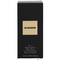 Black rectangular box with beige square label, "Jil Sander No.4 Moisturizing Body Balm 150 ml" in black text.