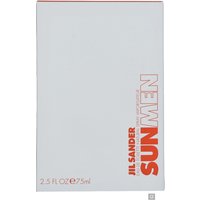 White rectangular box with orange "SUN MEN" text, Jil Sander branding, 75 ml Eau de Toilette for men.