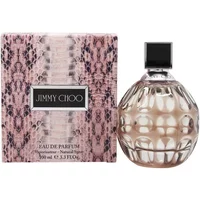 Jimmy Choo Eau De Parfum 100ml, round glass bottle with textured pattern, black cap, next to pink snake-skin box.