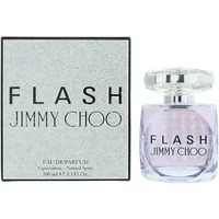 Clear glass bottle of Jimmy Choo Flash Eau De Parfum 100ml with faceted cap and purple tint, next to matching box.