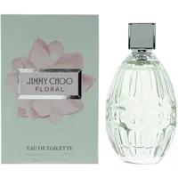 Jimmy Choo Floral Eau De Toilette 90ml, clear oval bottle with faceted cap, pastel green box with pink flower design.