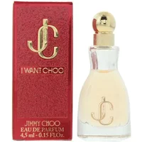 Jimmy Choo I Want Choo Eau De Parfum 4.5ml, clear bottle with gold cap, red box with gold logo and text.